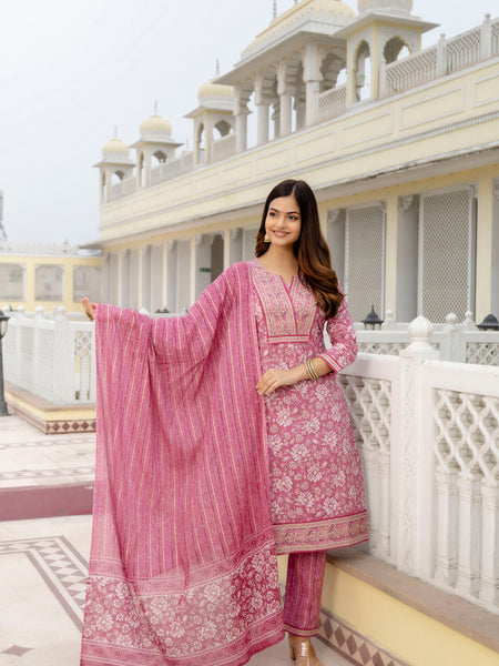 EthniFlair Floral Embroidered Thread Work Kurta with Trousers & Dupatta