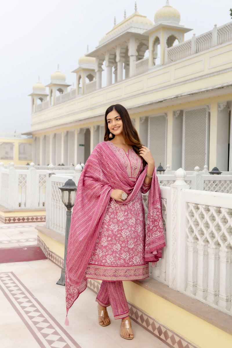 EthniFlair Floral Embroidered Thread Work Kurta with Trousers & Dupatta