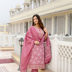 EthniFlair Floral Embroidered Thread Work Kurta with Trousers & Dupatta