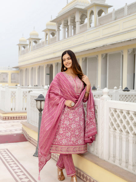 EthniFlair Floral Embroidered Thread Work Kurta with Trousers & Dupatta