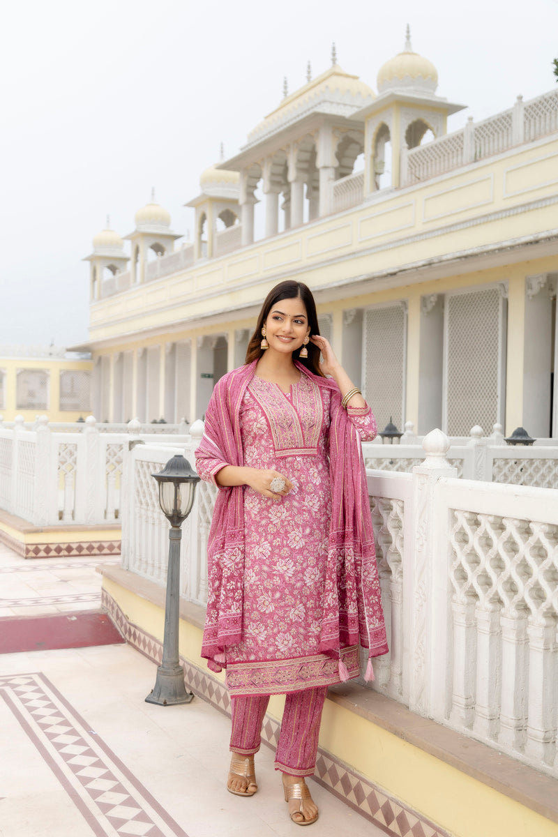 EthniFlair Floral Embroidered Thread Work Kurta with Trousers & Dupatta
