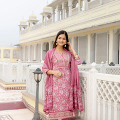 EthniFlair Floral Embroidered Thread Work Kurta with Trousers & Dupatta