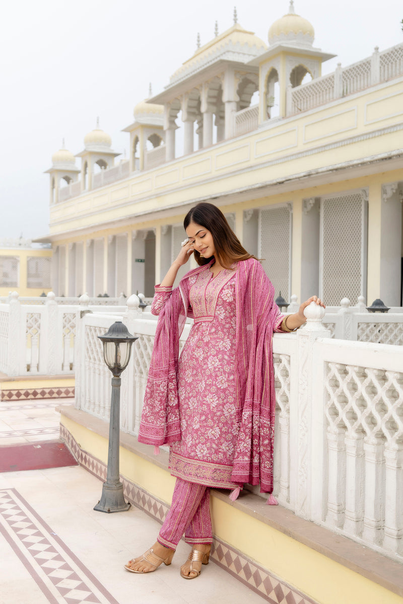 EthniFlair Floral Embroidered Thread Work Kurta with Trousers & Dupatta