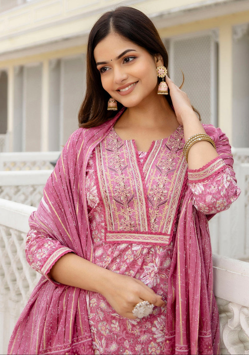 EthniFlair Floral Embroidered Thread Work Kurta with Trousers & Dupatta