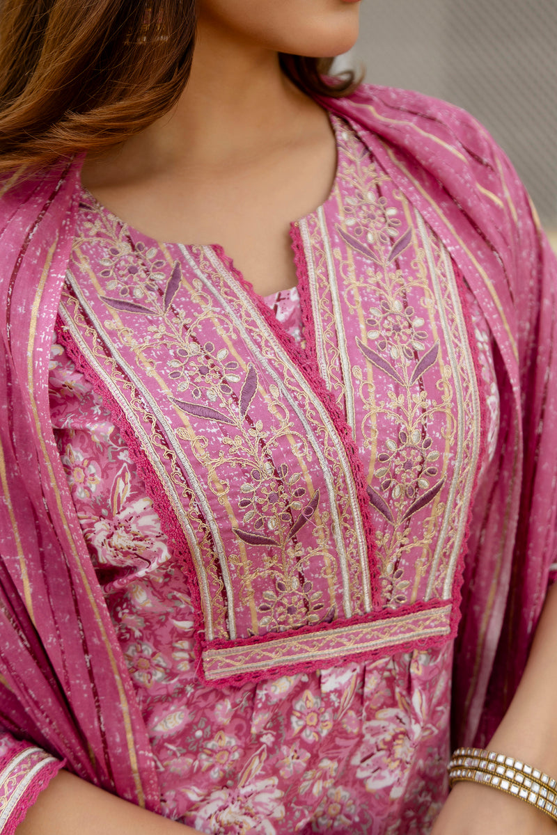 EthniFlair Floral Embroidered Thread Work Kurta with Trousers & Dupatta