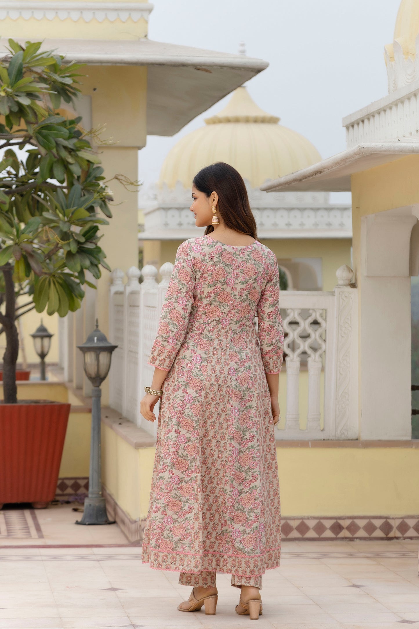 EthniFlair Women Floral Embroidered Empire Mirror Work Pure Cotton Kurta with Trousers & With Dupatta