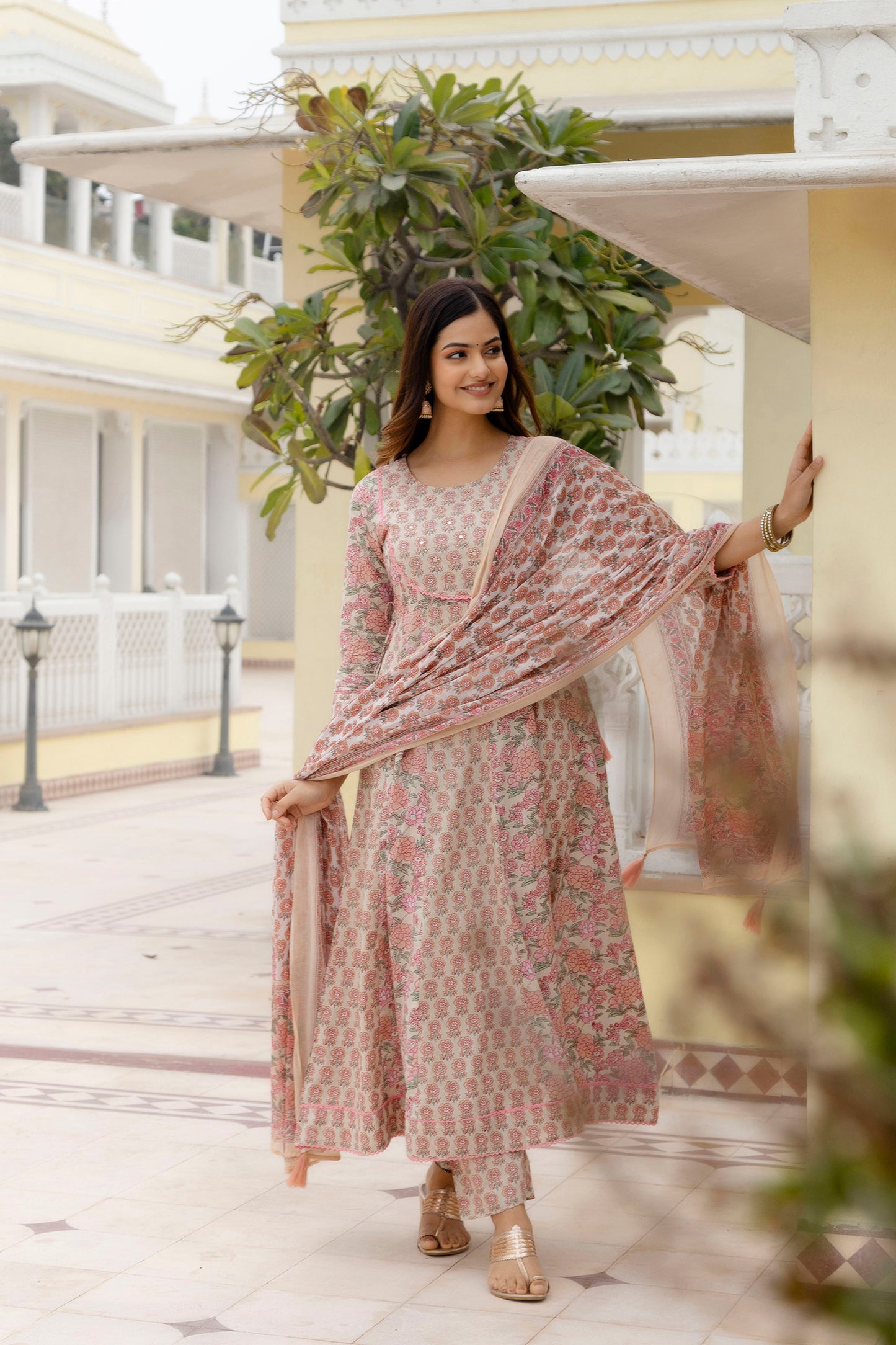 EthniFlair Women Floral Embroidered Empire Mirror Work Pure Cotton Kurta with Trousers & With Dupatta