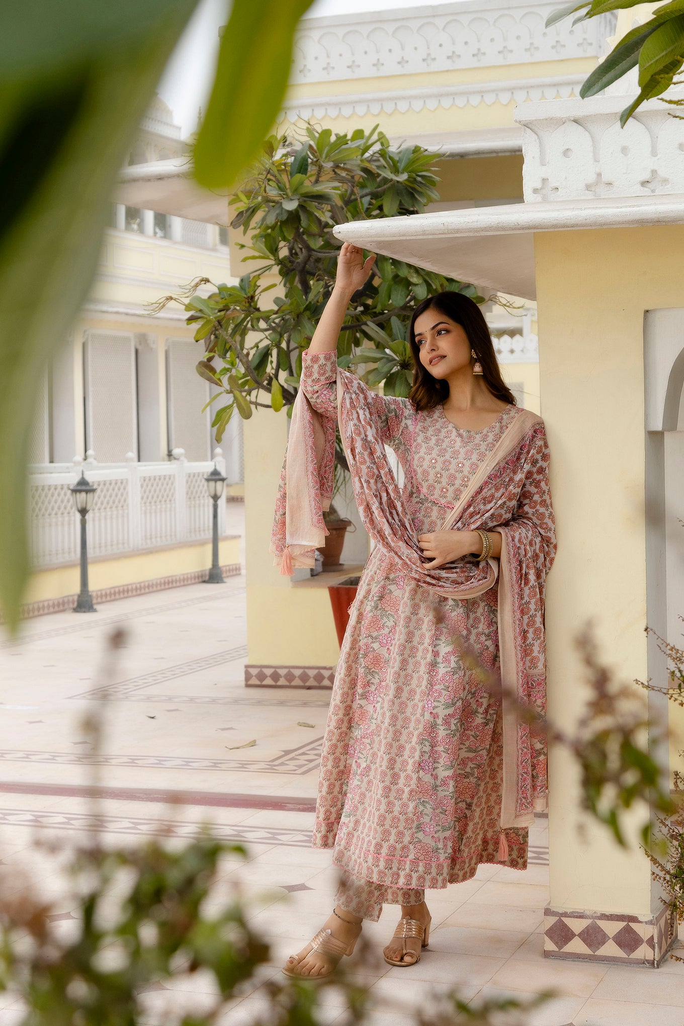 EthniFlair Women Floral Embroidered Empire Mirror Work Pure Cotton Kurta with Trousers & With Dupatta