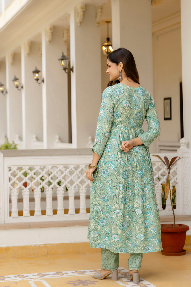 EthniFlair Floral Printed Empire Mirror Work Kurta with Trousers & Dupatta