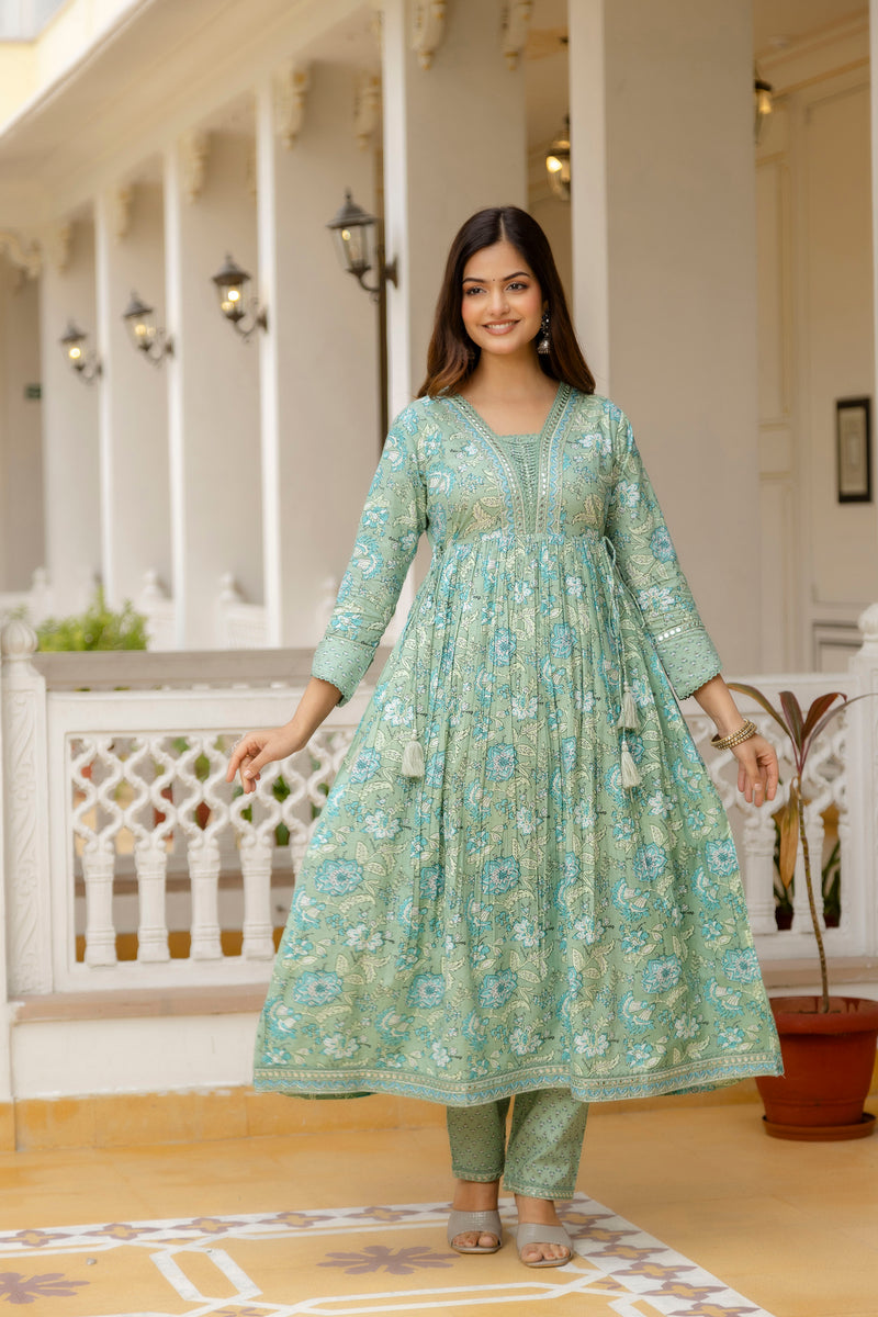 EthniFlair Floral Printed Empire Mirror Work Kurta with Trousers & Dupatta