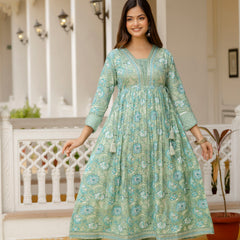 EthniFlair Floral Printed Empire Mirror Work Kurta with Trousers & Dupatta