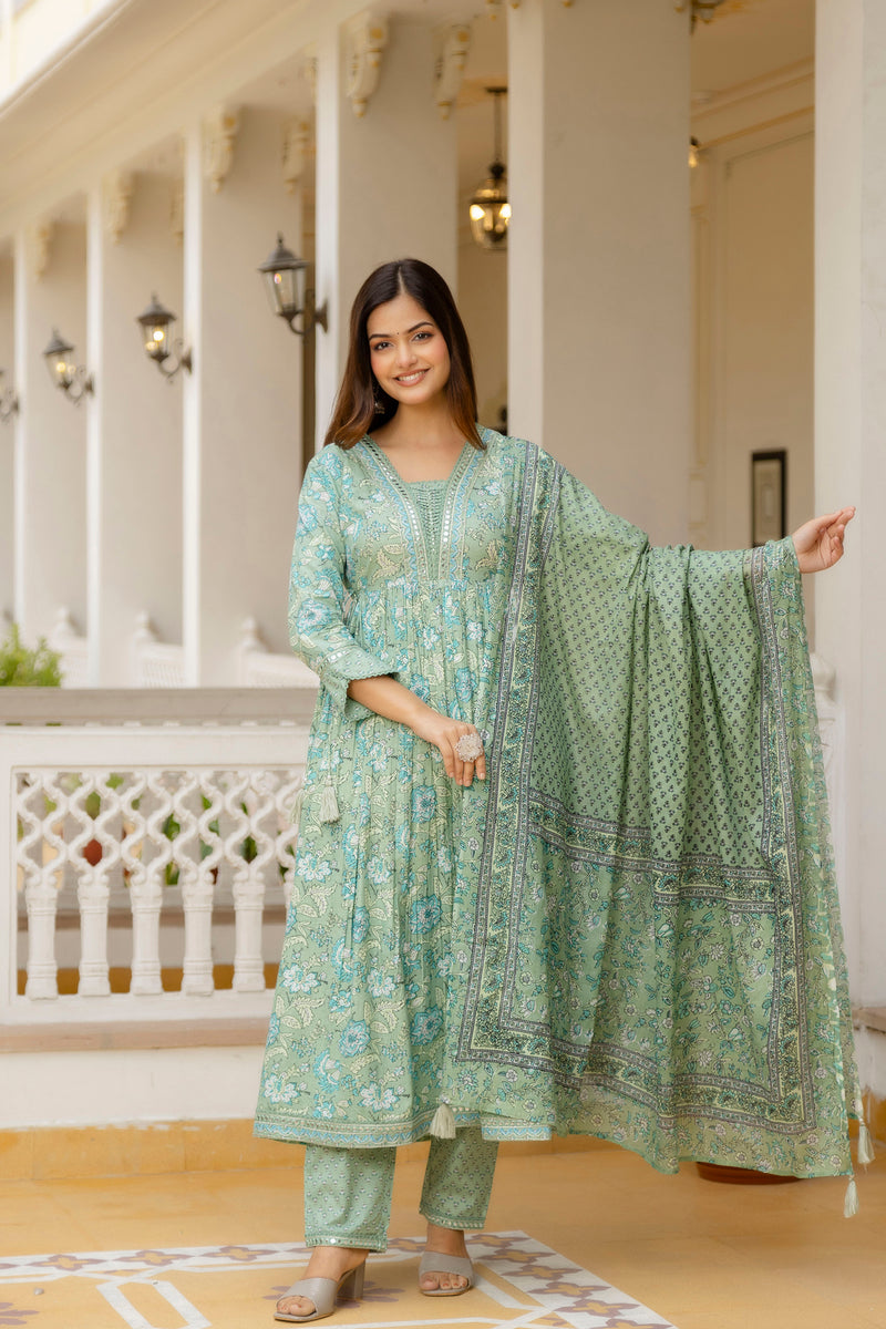 EthniFlair Floral Printed Empire Mirror Work Kurta with Trousers & Dupatta