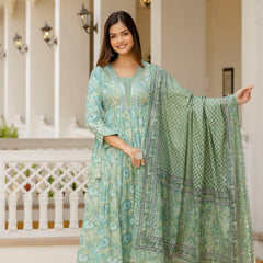 EthniFlair Floral Printed Empire Mirror Work Kurta with Trousers & Dupatta