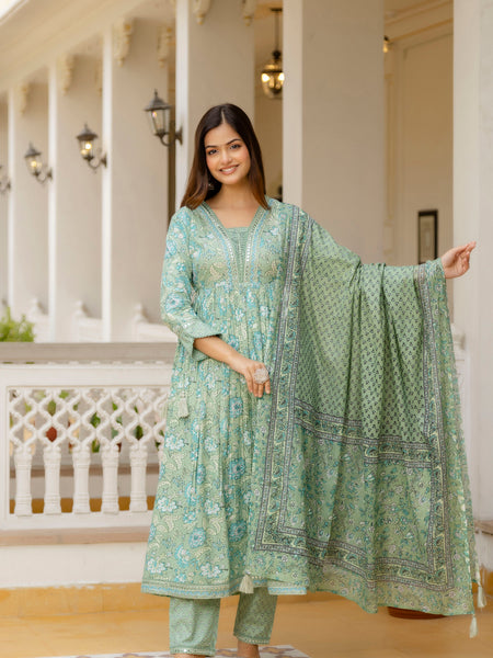 EthniFlair Floral Printed Empire Mirror Work Kurta with Trousers & Dupatta