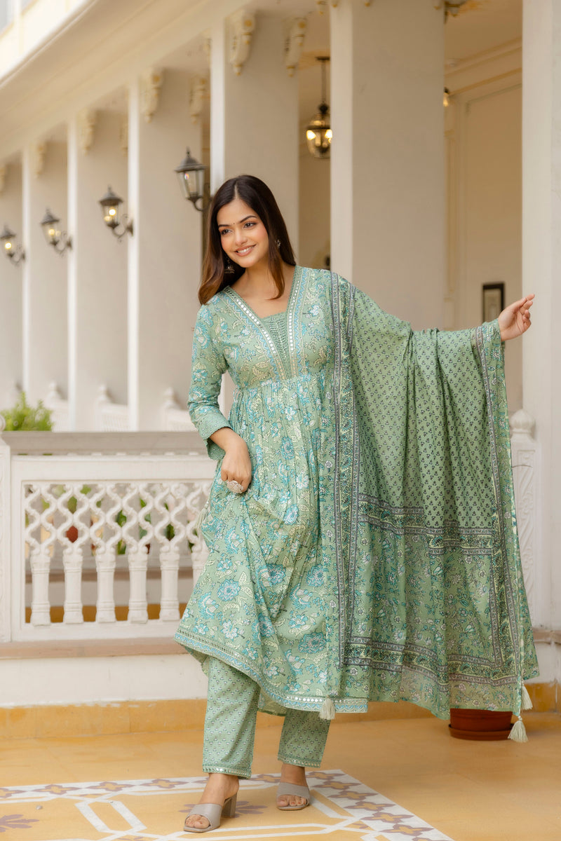 EthniFlair Floral Printed Empire Mirror Work Kurta with Trousers & Dupatta