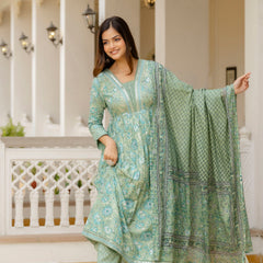 EthniFlair Floral Printed Empire Mirror Work Kurta with Trousers & Dupatta