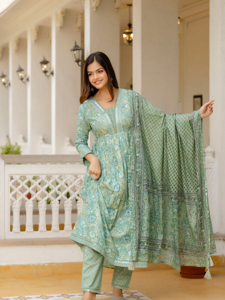 EthniFlair Floral Printed Empire Mirror Work Kurta with Trousers & Dupatta