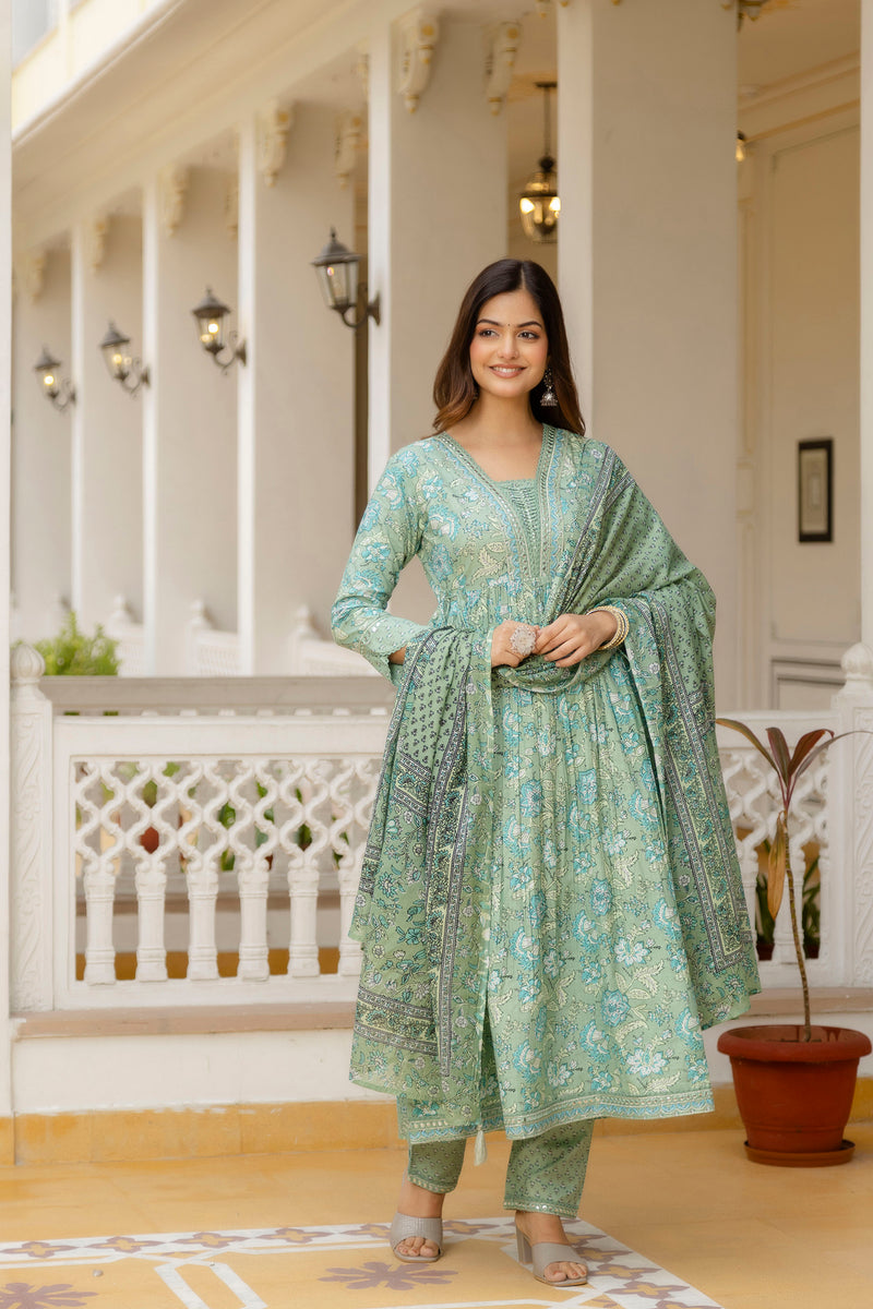 EthniFlair Floral Printed Empire Mirror Work Kurta with Trousers & Dupatta