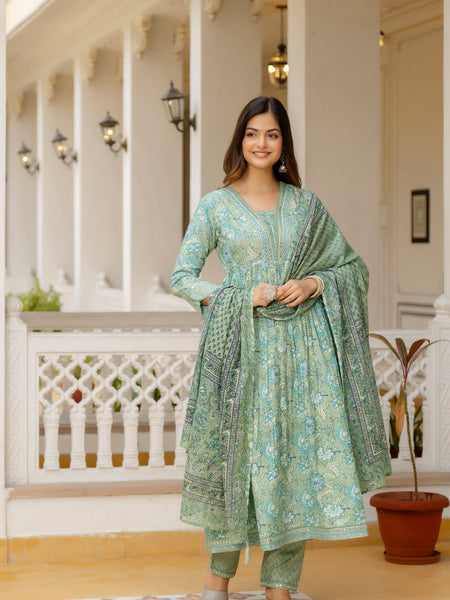 EthniFlair Floral Printed Empire Mirror Work Kurta with Trousers & Dupatta