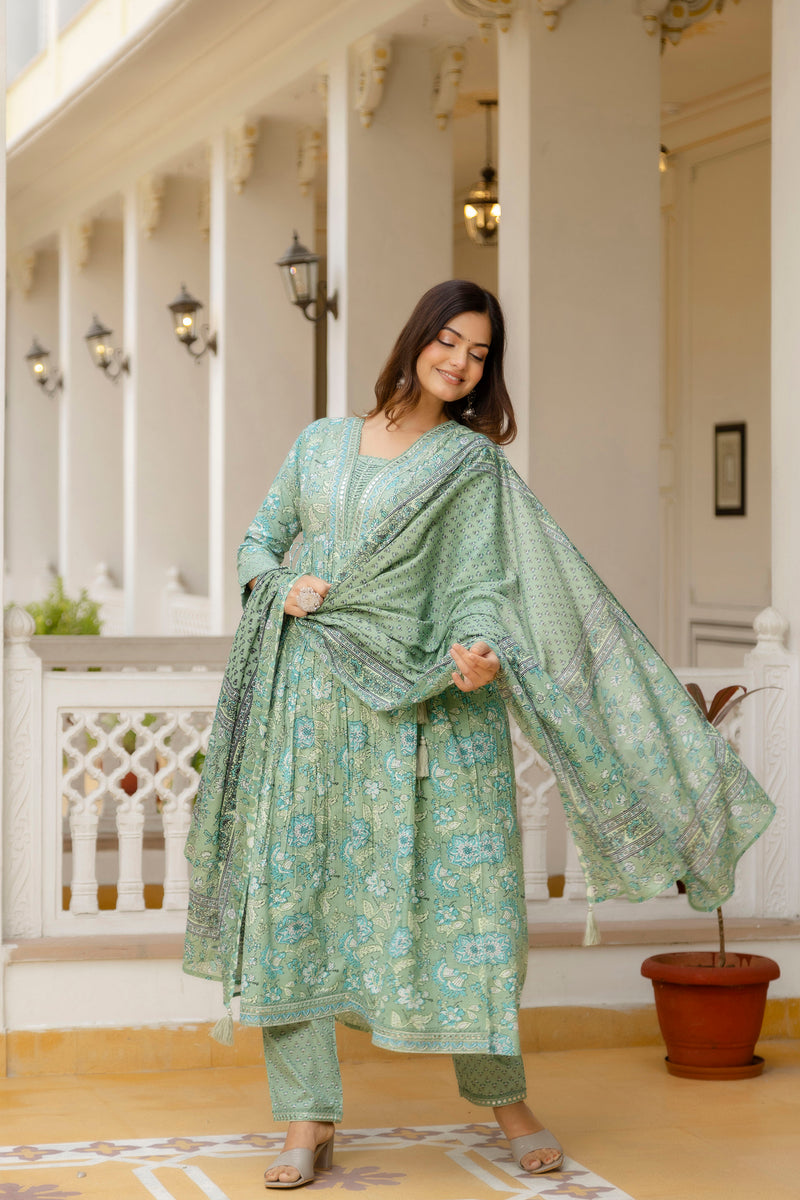 EthniFlair Floral Printed Empire Mirror Work Kurta with Trousers & Dupatta