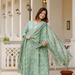 EthniFlair Floral Printed Empire Mirror Work Kurta with Trousers & Dupatta