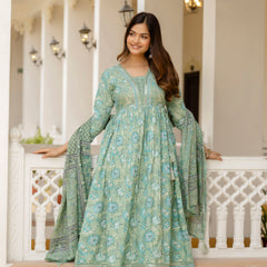 EthniFlair Floral Printed Empire Mirror Work Kurta with Trousers & Dupatta