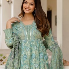 EthniFlair Floral Printed Empire Mirror Work Kurta with Trousers & Dupatta