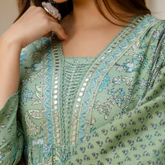 EthniFlair Floral Printed Empire Mirror Work Kurta with Trousers & Dupatta