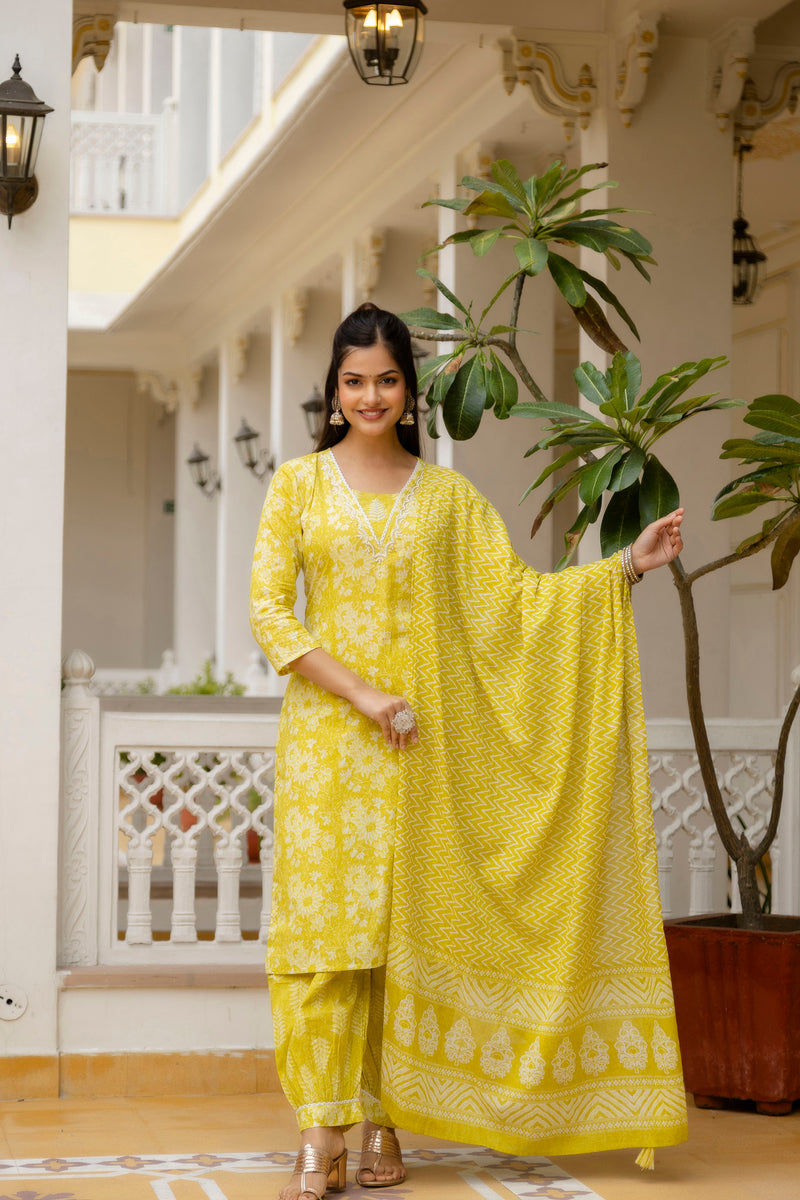 EthniFlair Floral Printed Embroidered Kurta with Patiala & Dupatta