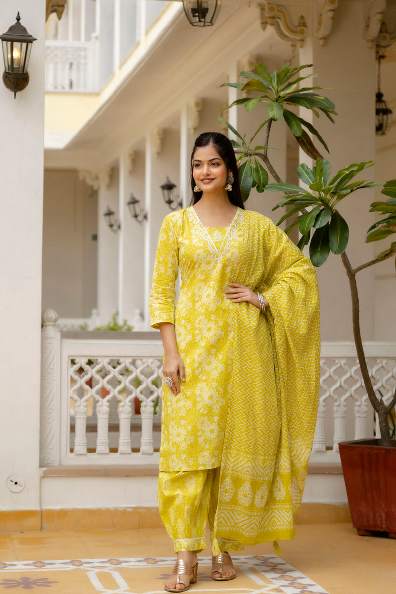 EthniFlair Floral Printed Embroidered Kurta with Patiala & Dupatta