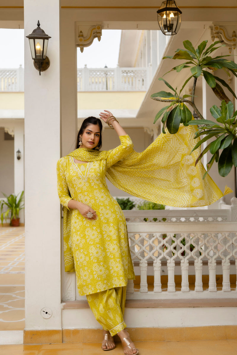 EthniFlair Floral Printed Embroidered Kurta with Patiala & Dupatta