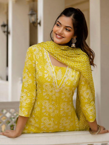 EthniFlair Floral Printed Embroidered Kurta with Patiala & Dupatta