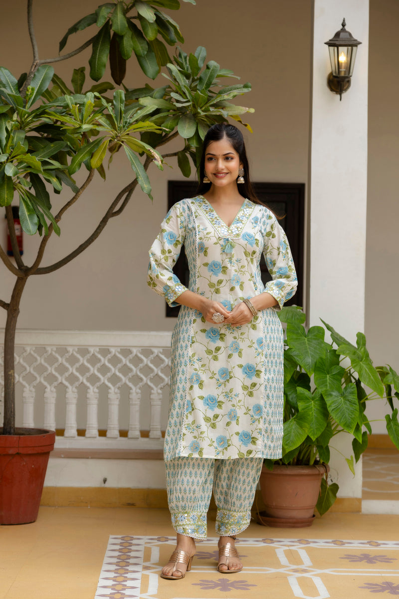 EthniFlair Floral Printed Mirror Work Kurta with Patiala & Dupatta