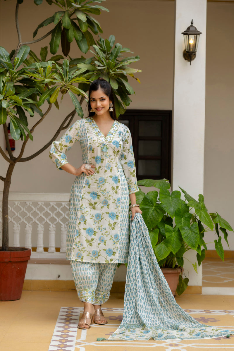EthniFlair Floral Printed Mirror Work Kurta with Patiala & Dupatta