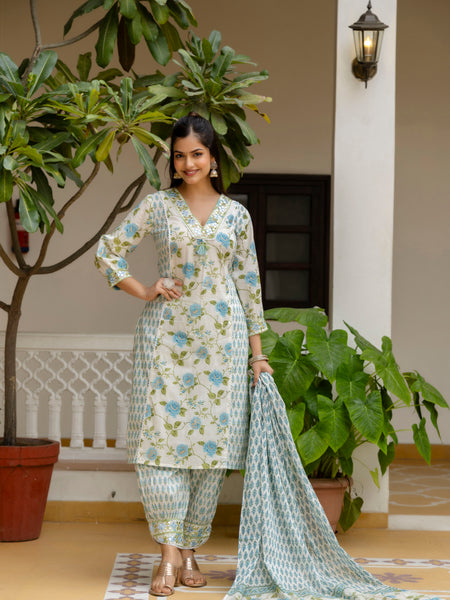 EthniFlair Floral Printed Mirror Work Kurta with Patiala & Dupatta