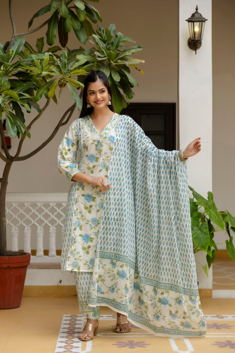 EthniFlair Floral Printed Mirror Work Kurta with Patiala & Dupatta