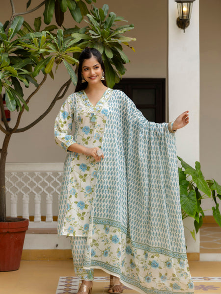 EthniFlair Floral Printed Mirror Work Kurta with Patiala & Dupatta