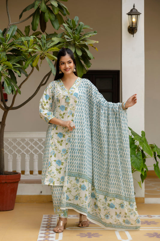 EthniFlair Women Floral Printed Regular Mirror Work Pure Cotton Kurta with Patiala & With Dupatta