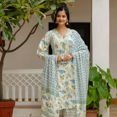 EthniFlair Floral Printed Mirror Work Kurta with Patiala & Dupatta