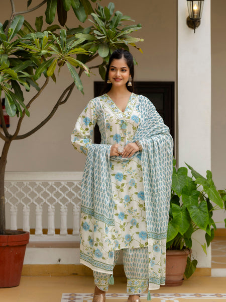 EthniFlair Floral Printed Mirror Work Kurta with Patiala & Dupatta