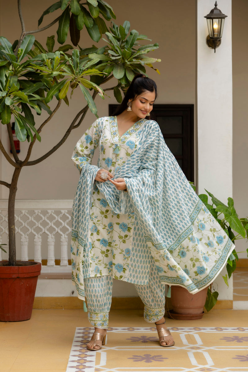EthniFlair Floral Printed Mirror Work Kurta with Patiala & Dupatta