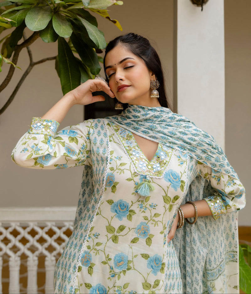 EthniFlair Floral Printed Mirror Work Kurta with Patiala & Dupatta