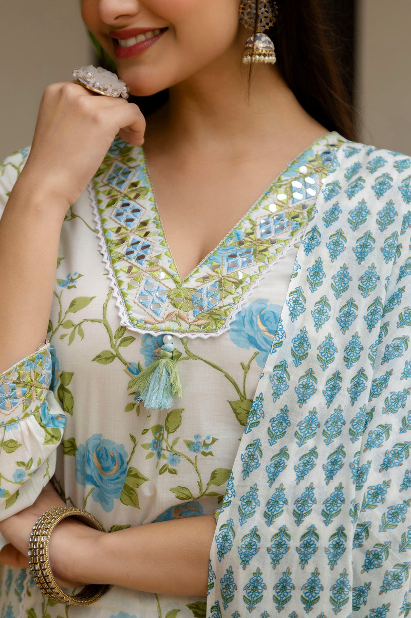 EthniFlair Floral Printed Mirror Work Kurta with Patiala & Dupatta
