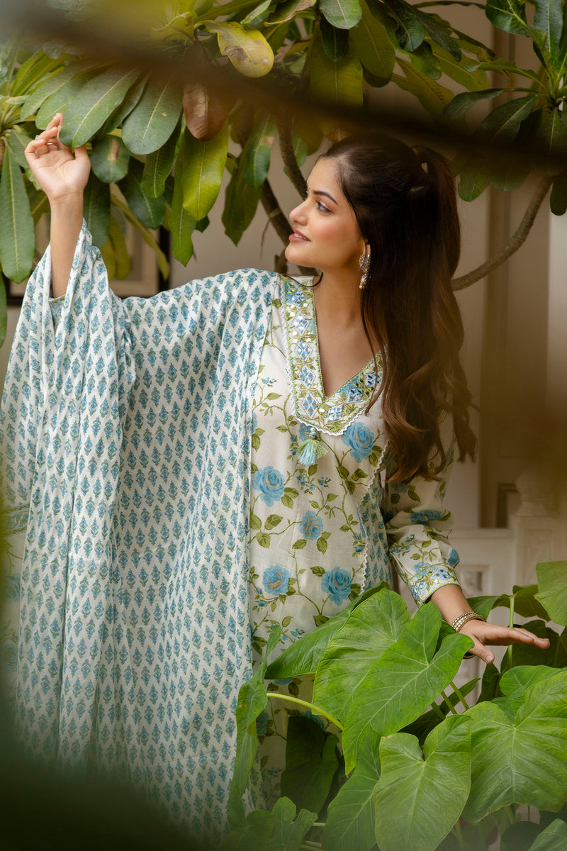 EthniFlair Floral Printed Mirror Work Kurta with Patiala & Dupatta