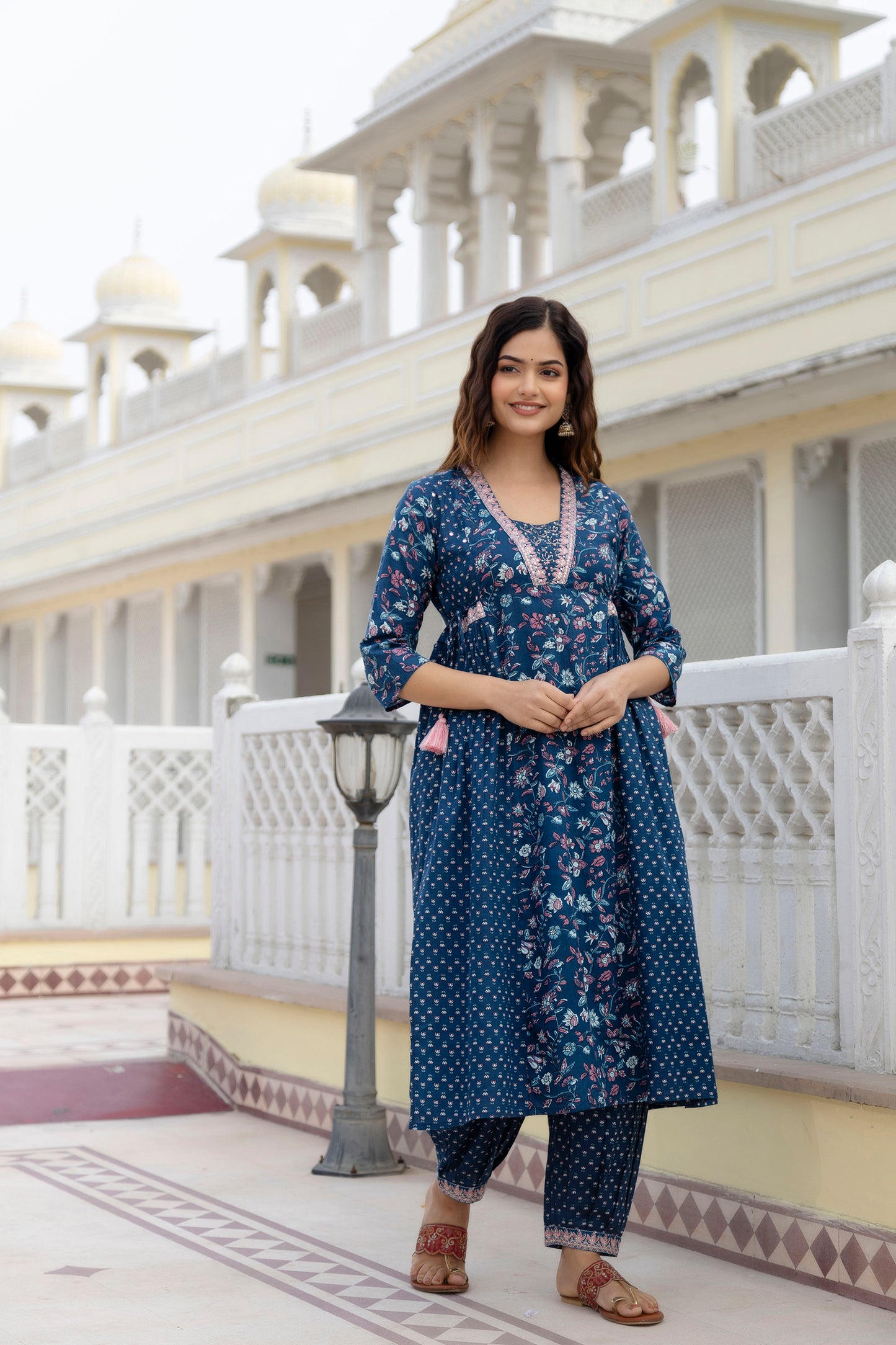 EthniFlair Women Floral Printed Empire Aari Work Pure Cotton Kurta with Patiala & With Dupatta