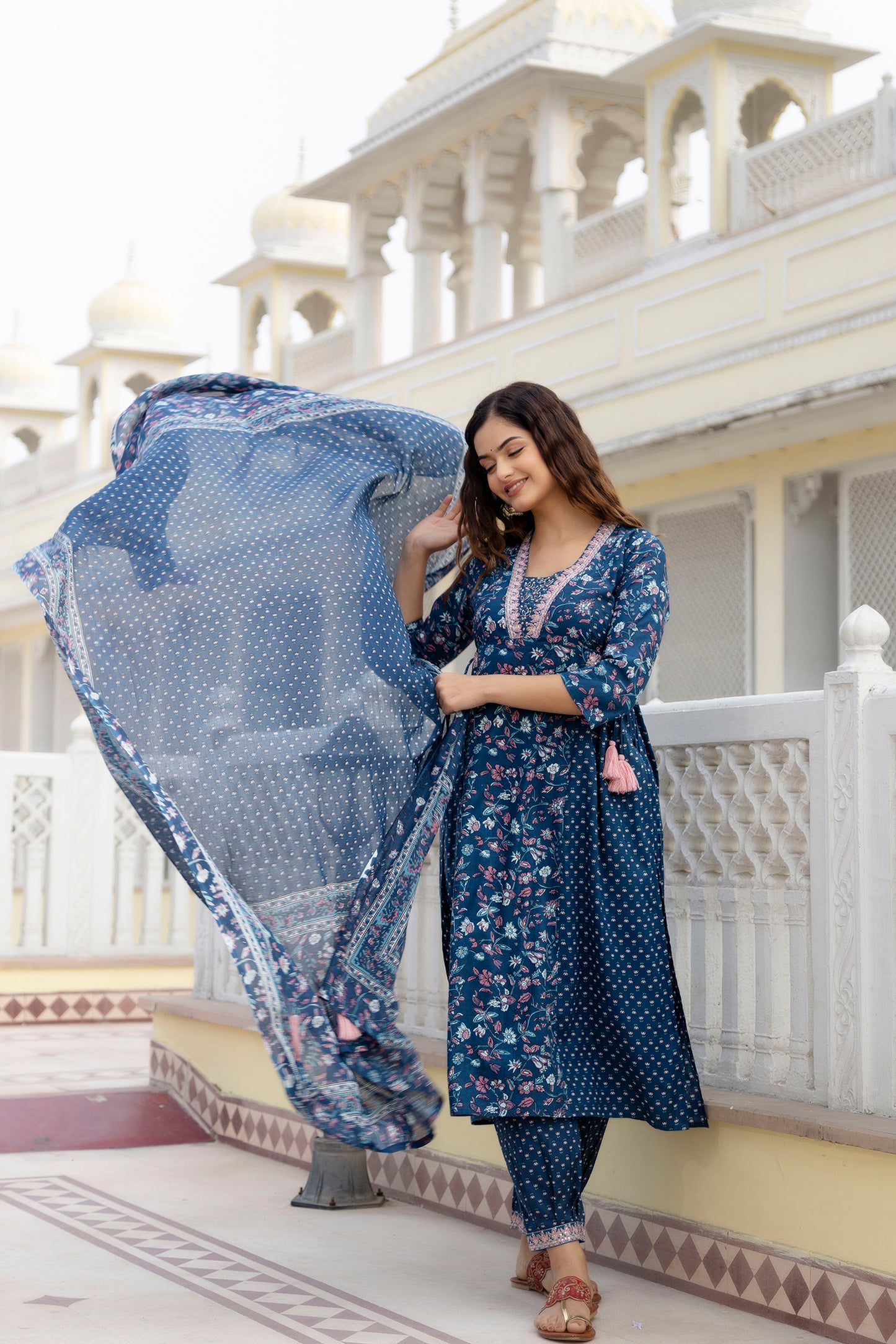 EthniFlair Women Floral Printed Empire Aari Work Pure Cotton Kurta with Patiala & With Dupatta