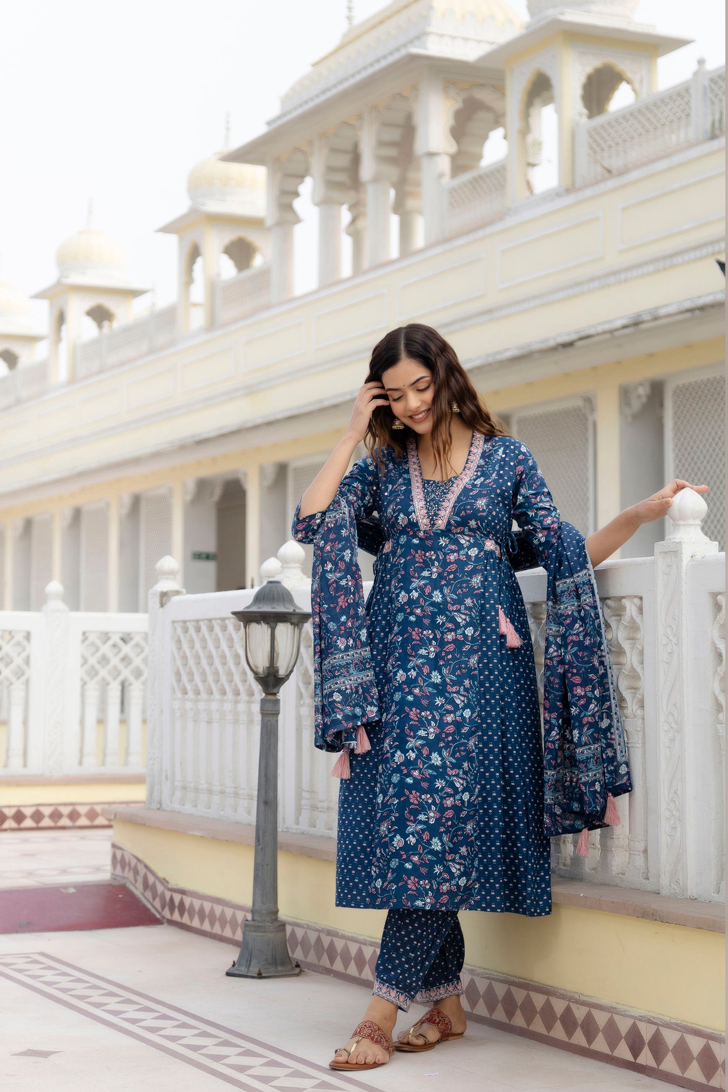 EthniFlair Women Floral Printed Empire Aari Work Pure Cotton Kurta with Patiala & With Dupatta