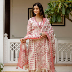 EthniFlair Ethnic Motifs Printed Empire Aari Work Kurta with Patiala & Dupatta