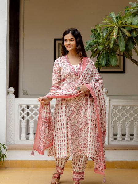 EthniFlair Ethnic Motifs Printed Empire Aari Work Kurta with Patiala & Dupatta