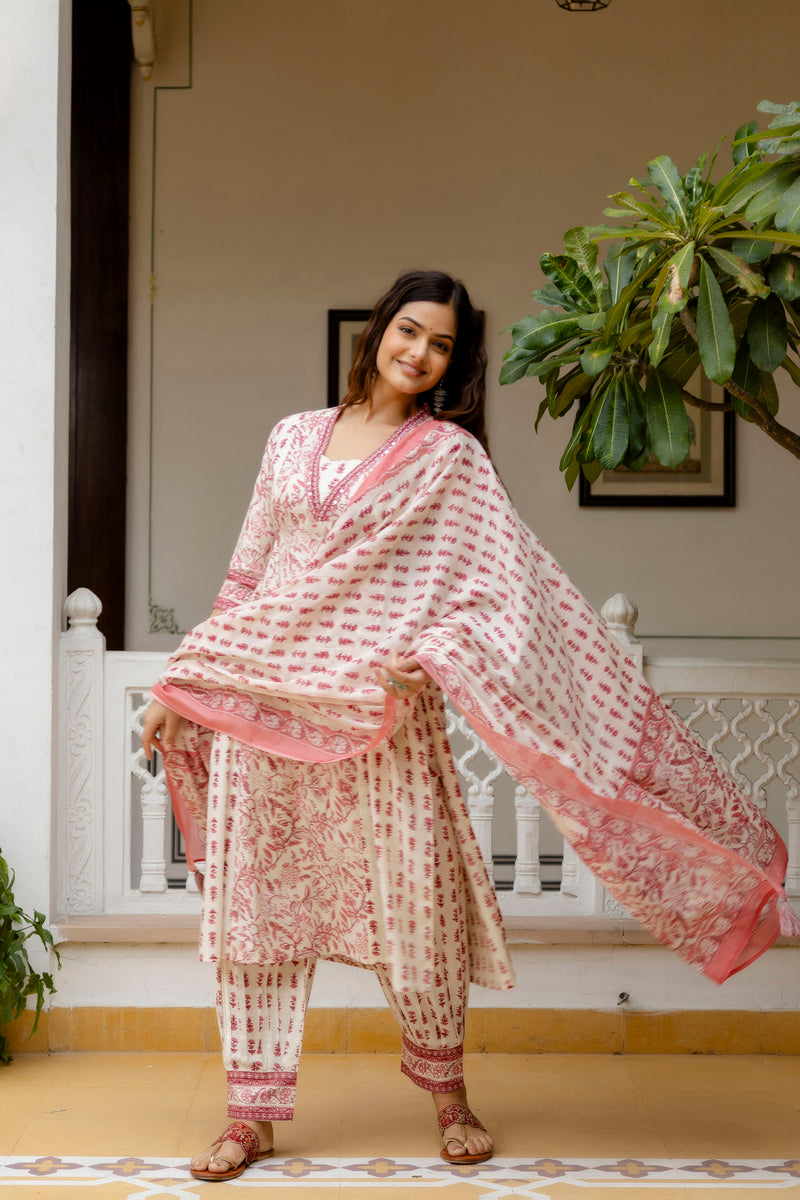 EthniFlair Ethnic Motifs Printed Empire Aari Work Kurta with Patiala & Dupatta